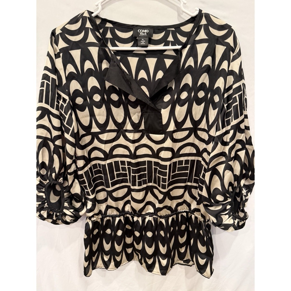COMO Black Petites Blouse PL Large Geometric Peplum Bubble Sleeve Top